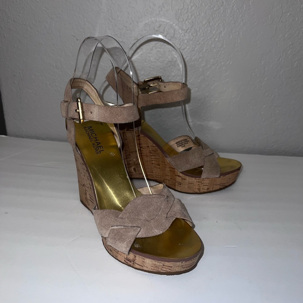 Michael Kors Women Brown Tan Suede Cork Wedge Sandals